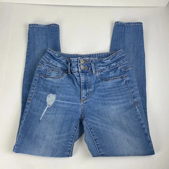 medium wash highs waist ripped straight leg distressed jegging denim jeans - Picture 1 of 13
